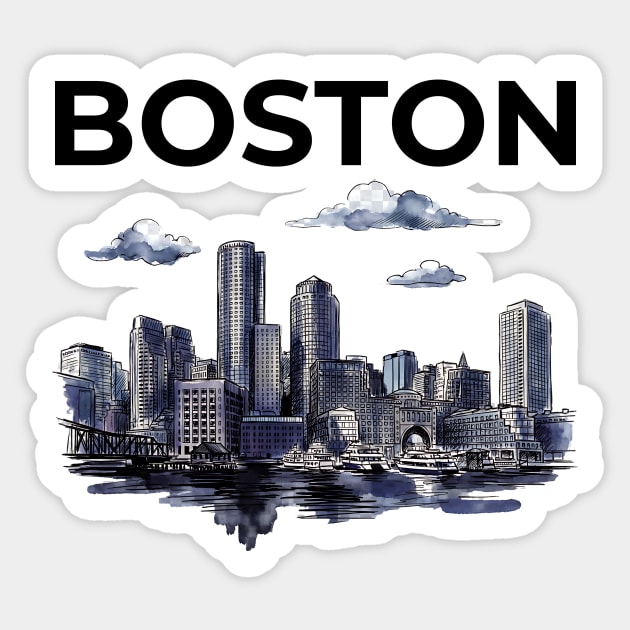 Boston Harbor Ink Wash Skyline Sticker by Designed By Marty